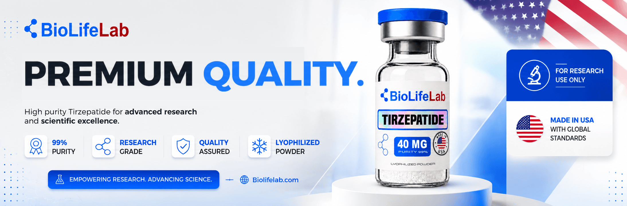 BioLifeLab — Tirzepatide lyophilized powder for laboratory research. 99% purity, research grade, tamper-evident vial. Produced in the USA. For research use only.